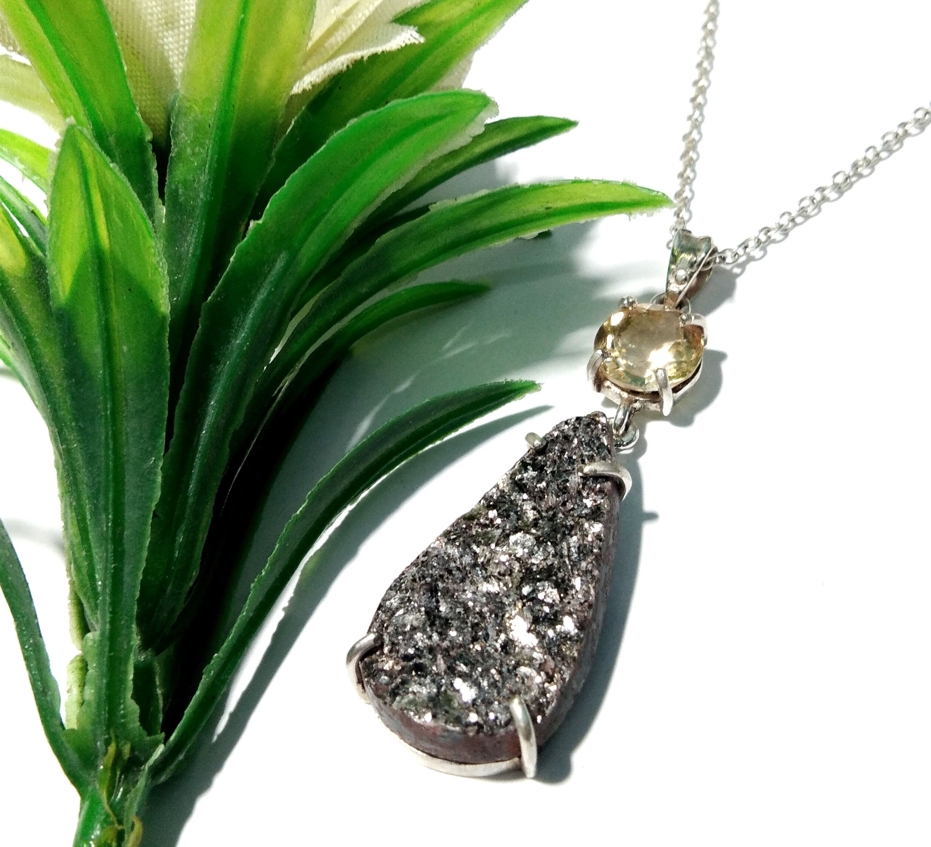 Natural Black Silver Mica Druzy/Citrine Gemstone Chain Pendant Necklace,  925 Starling Silver Jewelry Druzy Stone Pendant For Gift Pendant